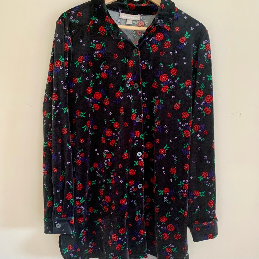 Woman Within  collard button down SOFT velvet  floral long sleeve top